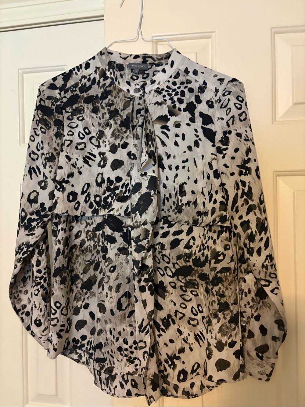 Vince Camuto Black & White Animal-Print Tie-Neck Blouse